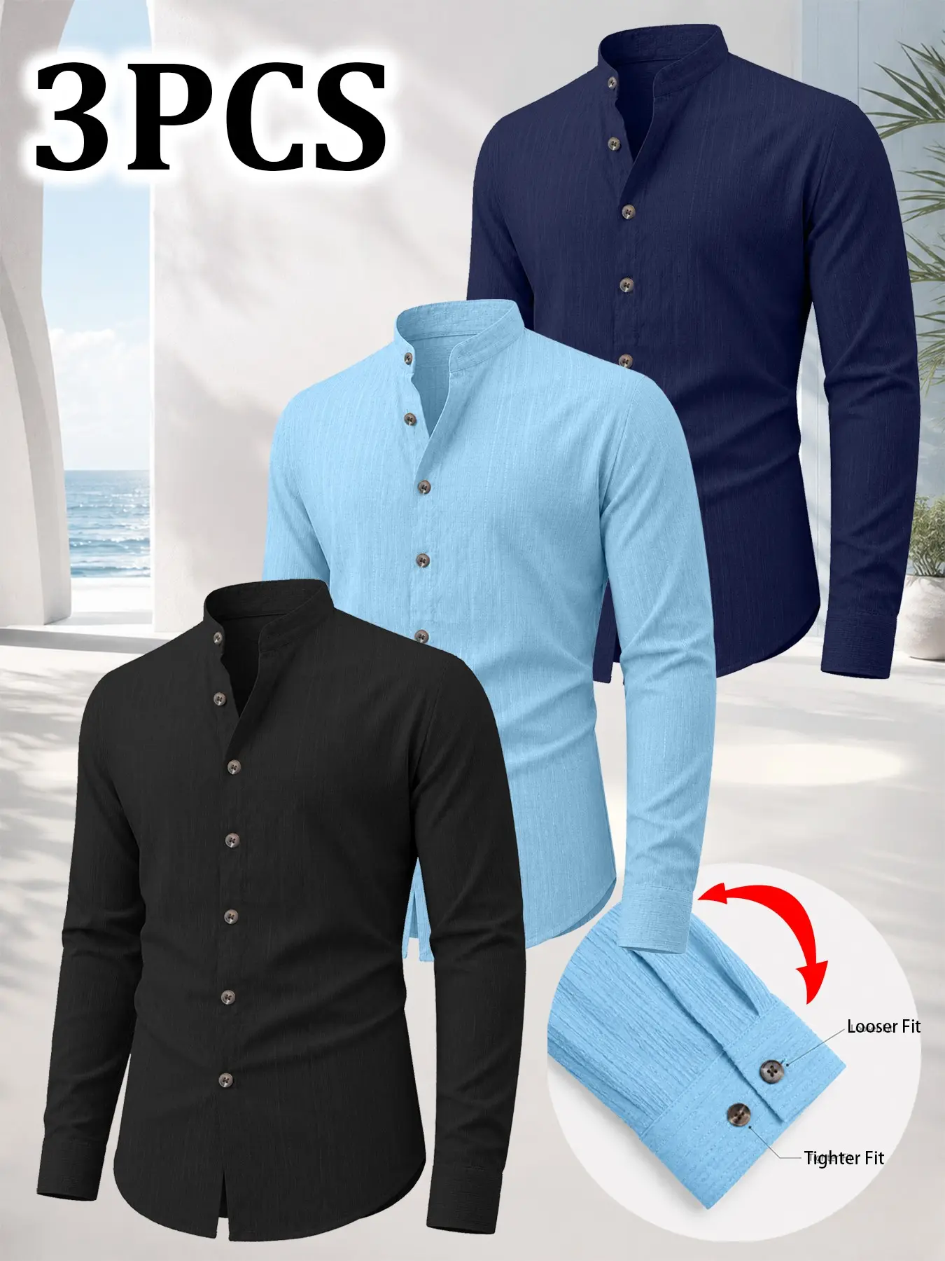 Men’s 3pcs Long Sleeve Stand Collar Shirt Set, Textured Button Down Tops, Adjustable Cuffs, Multi-Pack for Daily Wear and Vacation