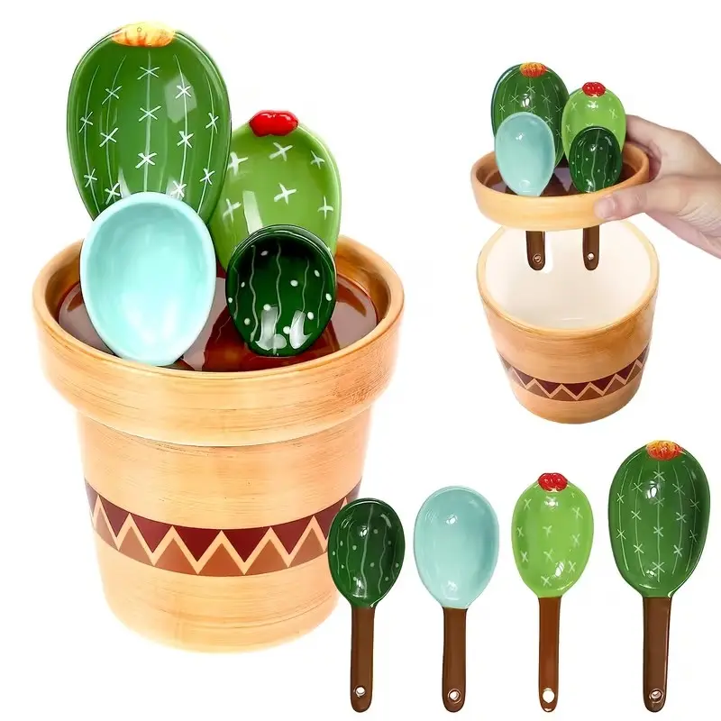 5-Piece Cactus Ceramic Measuring Spoons Set, Cute Succulent Design, Kitchen Decor, Moving Gift, Includes Planter Holder