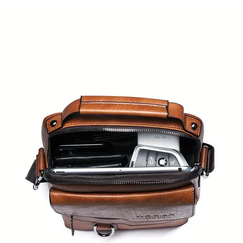WEIXIER Men's PU leather shoulder bag, retro fashion, classic style, multiple compartments, adjustable shoulder strap, messenger bag, crossbody bag, casual handbag, travel, backpack, business trip, daily commuter bag for men and women