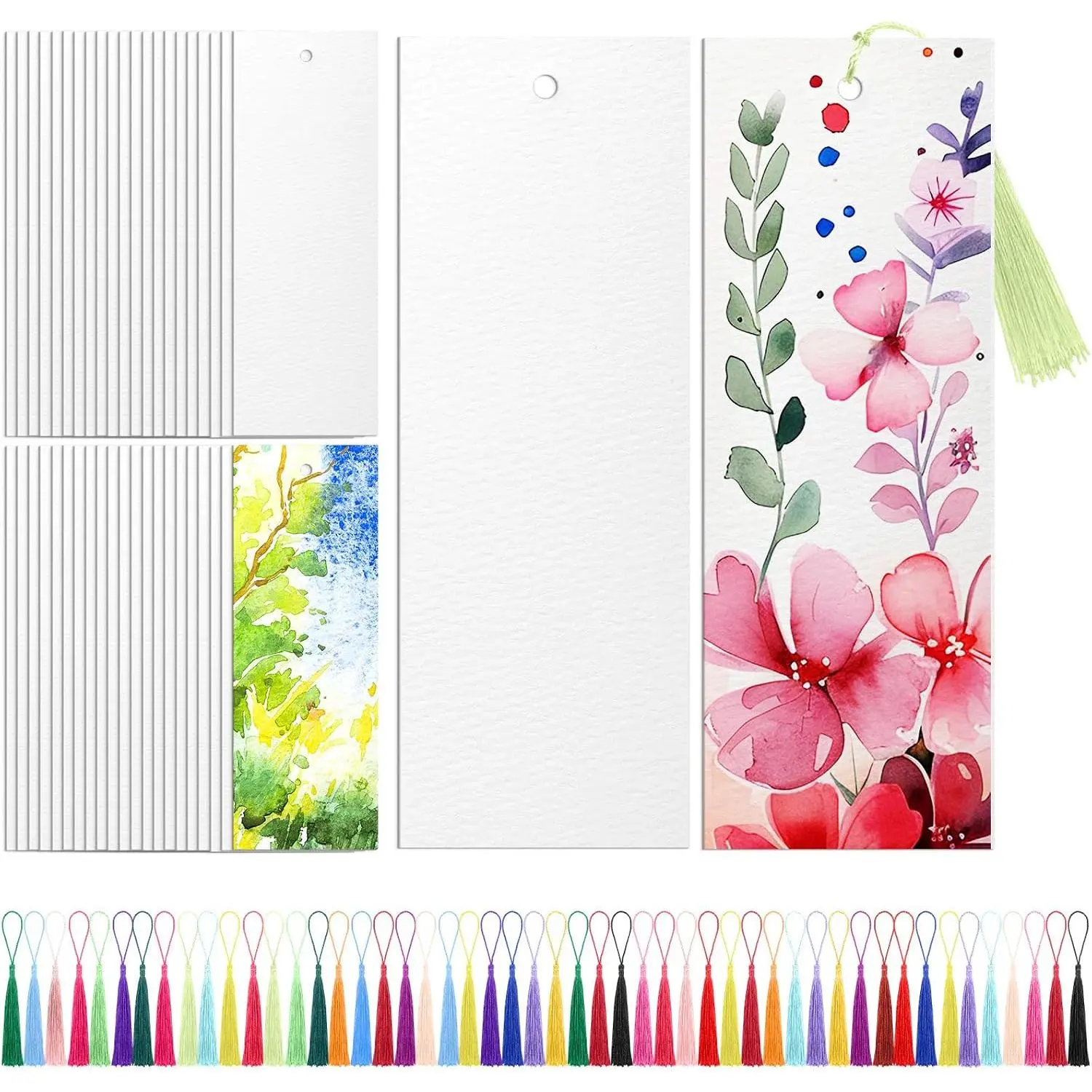 100 count Watercolor Paper Blank Bookmarks with Colorful Tassels DIY Book Marks Kit  Watercolor Paper Bookmarks with Hole Bookmark Pad for DIY Classroom and Gifts Tags, 5.5 x 2 Inches