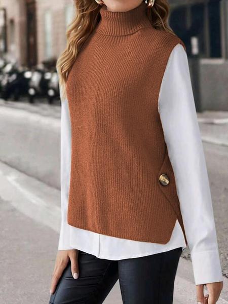 Women's Plain Button Detail High Low Split Sweater Vest, Casual Turtleneck Sleeveless Knit Top, Ladies Fall & Winter Clothes for Daily Wear