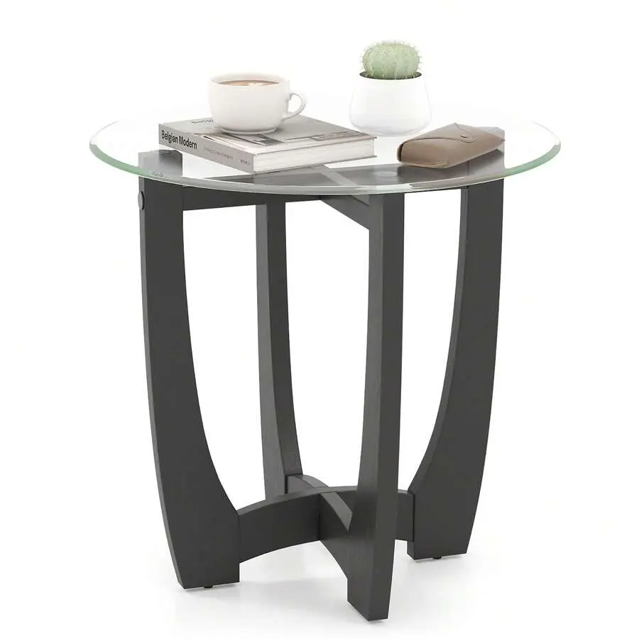 23.5'' Round Side Table W/ Glass Tabletop Cross-Shaped Solid Rubber Wood Frame,Adjustable,Mobile,Standing,entryway,gaming,desk,office,,affordable,dining,bedroom,vanity,,coffee,set