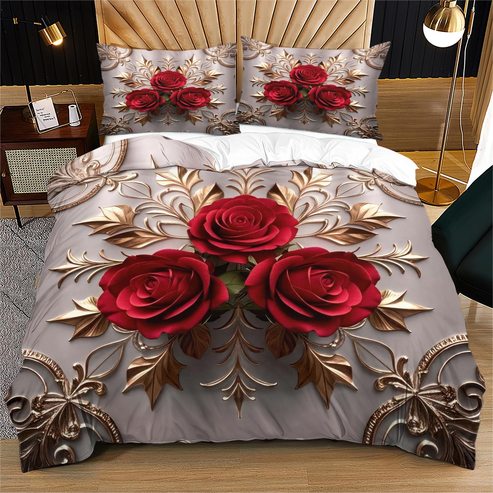 Rose Pattern Bedding Set, Soft Comfortable Sheets & Pillowcases, Bedroom Decor, Includes Fitted Sheet, Flat Sheet, 1/2 Pillowcase