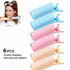 Salon-Grade Curling Set, 6 Giant No Heat Self-Stick Hair Rollers, Volume Boost, Overnight Curler, Blue, Long & Medium Hair