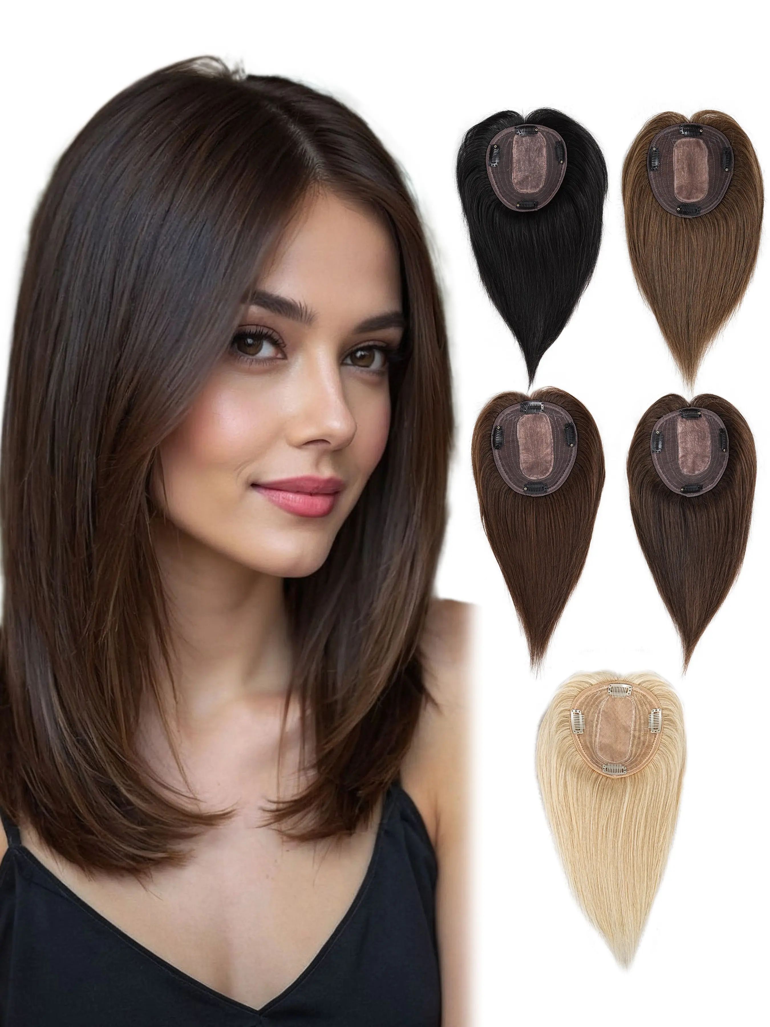 10 Inch Human Hair Topper for Women, 360° Cover Lightweight 12*13cm Breathable Silk Lace Base Hair Toppers, Remy Human Hair Wiglets Hairpieces for Thinning Hair&Wide Parting