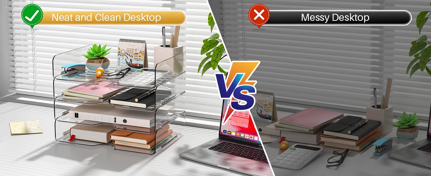 Paper Organizer Letter Tray, 4 Pack Acrylic Stackable Desk File Organizer for Files, Papers, iPads, Letters, A4 Office Files, Books, Notes, Etc