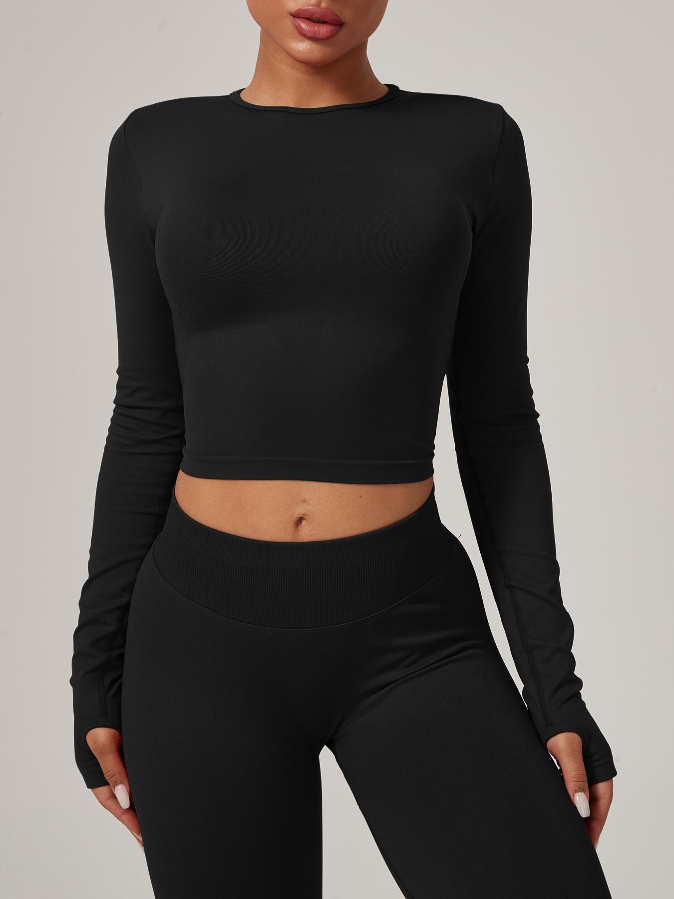 Women's Seamless Knitted Long-Sleeved Sports T-Shirt, Slim-fit, slimming, waist-cinching, Quick-drying, elastic thumb holes, Sports tight-fitting, breathable running, Yoga wear, Gym Tops, Fitness Running Tops