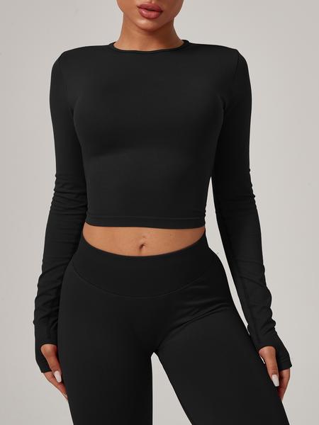 Women's Seamless Knitted Long-Sleeved Sports T-Shirt, Slim-fit, slimming, waist-cinching, Quick-drying, elastic thumb holes, Sports tight-fitting, breathable running, Yoga wear, Gym Tops, Fitness Running Tops