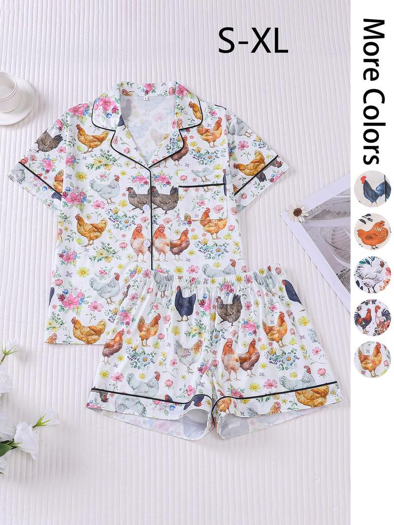 Women's All Over Chicken Print Crop Top & Elastic Waist Shorts Pyjama Two-piece Set, Casual Comfy Short Sleeve Top & Shorts PJ Set, Ladies Summer Sleepwear, Loungewear, Pajama Shorts Set