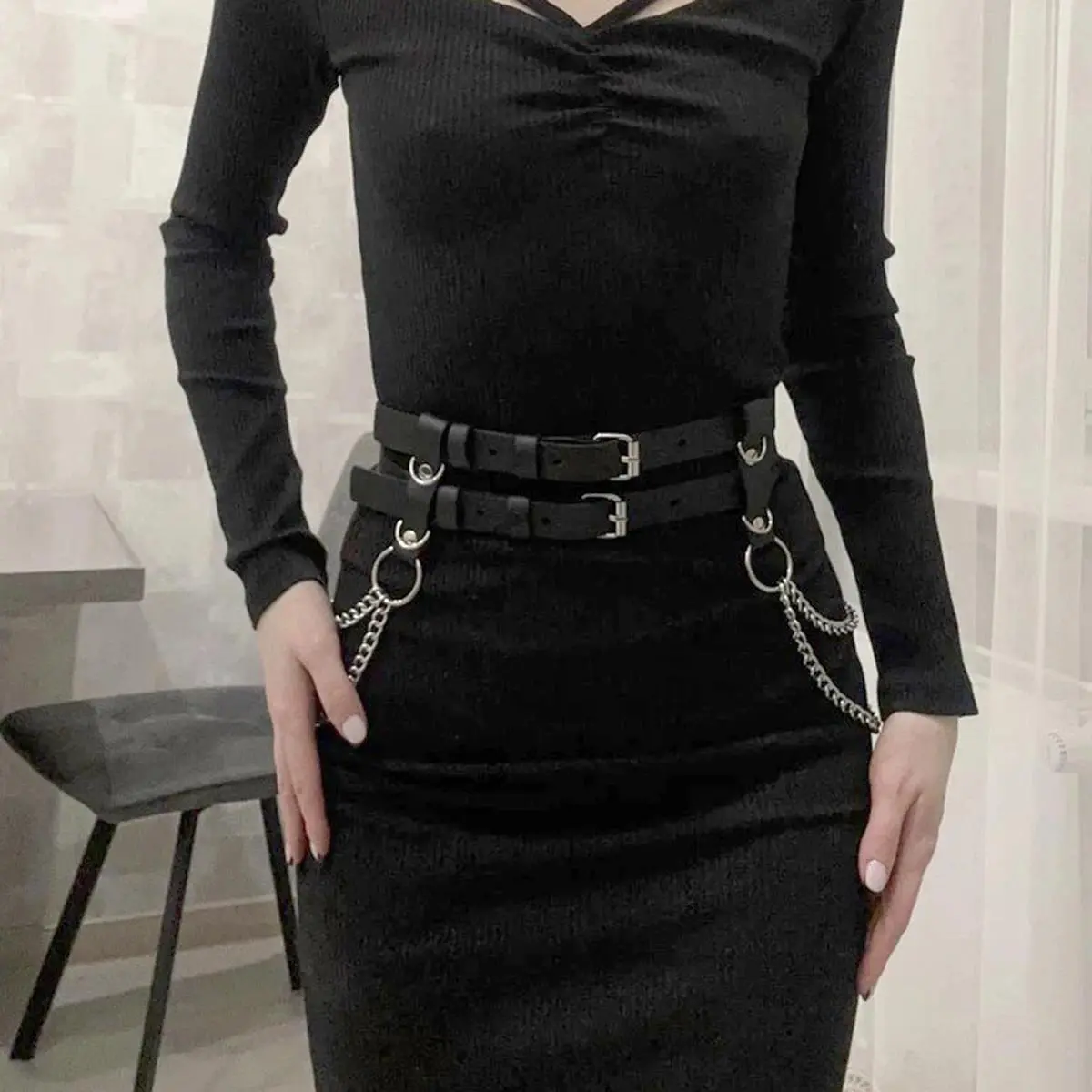 Waist Chain Belt Gothic Fashion Silver Chain Leather Belt Women Trend Punk Leather Waist Chain Harness Belt