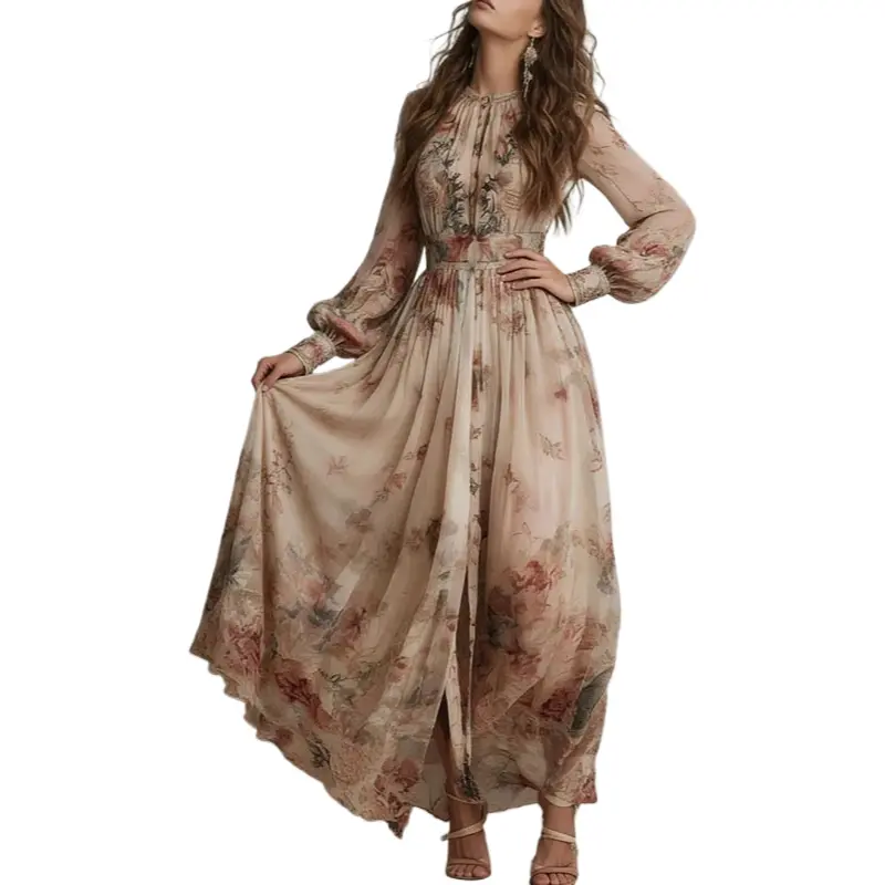 Women's Vintage Floral Maxi Dress - Boho Long Sleeve Polyester Gown with High Waist for a Casual Beach Party