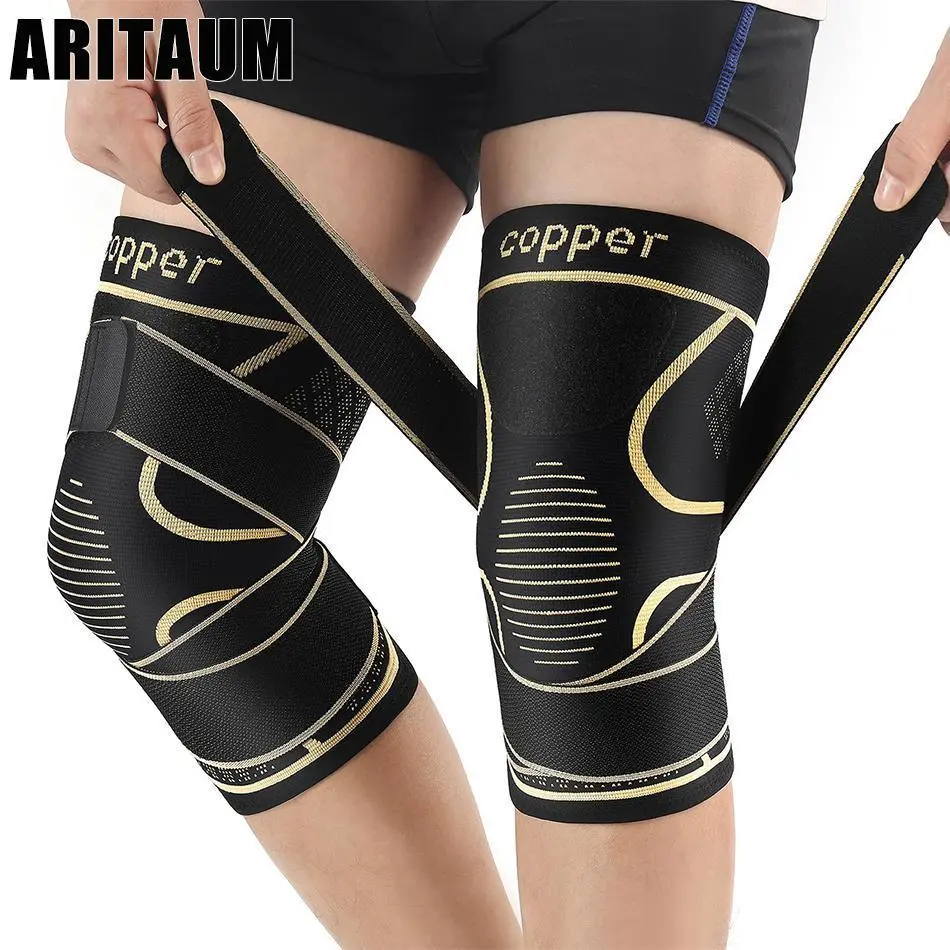 Copper Compression Knee Sleeves with Straps, Elastic Sports Knee Pads for Running, Basketball, Weightlifting, Yoga, Fitness, Knee Brace, Knee Wraps for Weightlifting