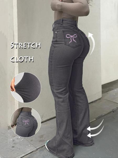 GILIPUR Y2K Women's Casual Denim Flared Pants Back Pocket Embroidered Bow Mother Stretchy Jeans Comfortable And Fashionable Women's Pants For All Seasons Stretchy Jeans Flared Pants Starched Stretchy Jeans Girls Stretch Stretchy Jeans