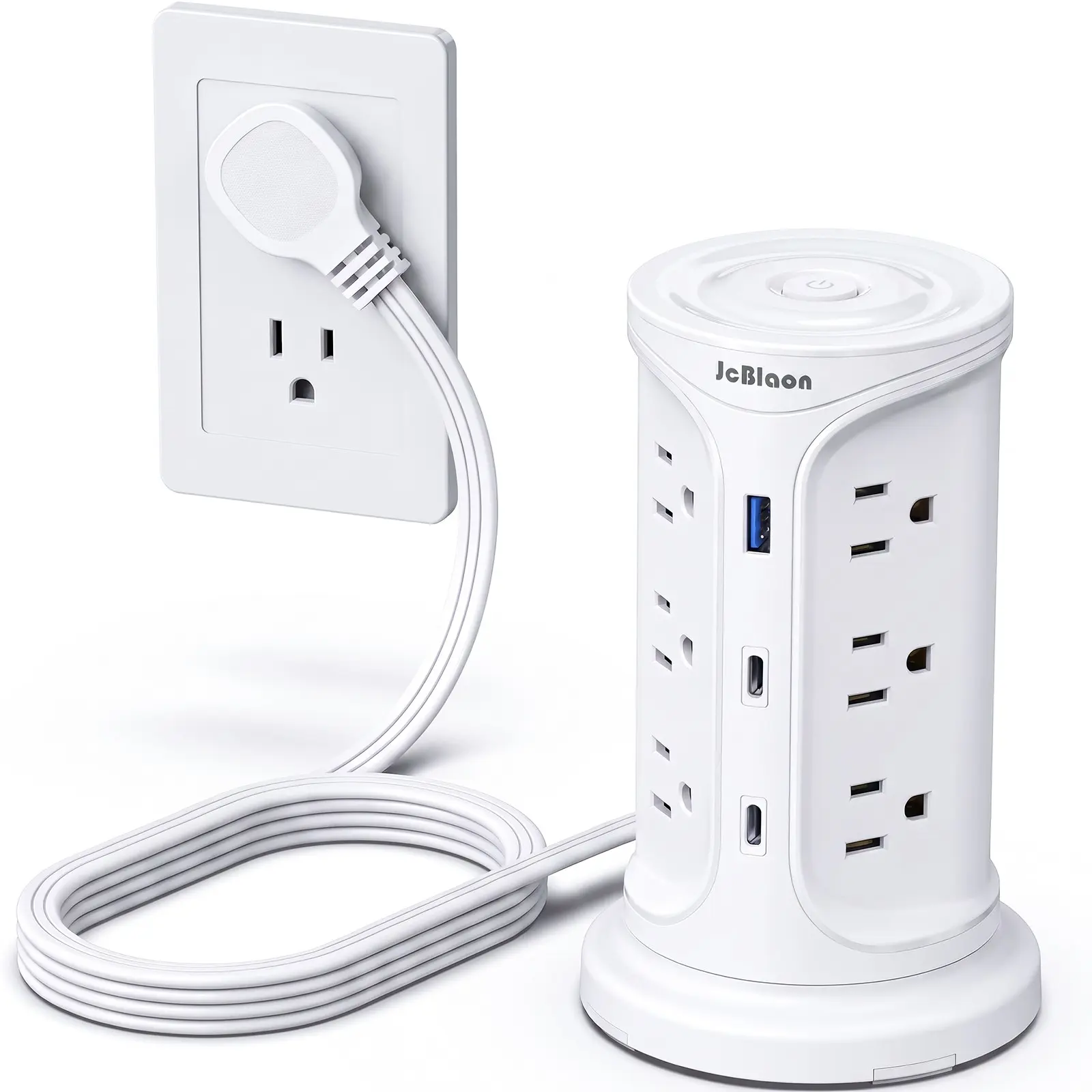 15-in-1 Tower Power Strip with 1050J Surge Protection, 12 AC Outlets with USB Fast Charging 1 USB-A(2.4A) & 2 USB-C(3A), 6FT Flat Extension Cord, 0.35in Ultra-Thin Plug for Office Home Dorm Room Travel (White)