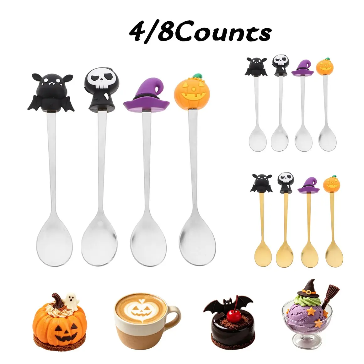 Halloween Theme Teaspoon Set, Stainless Steel Coffee Spoons, Skull Pumpkin Witch Hat Bat Shapes, Mini Scoops for Desserts Ice Cream Chocolate, Festive Gift Decor