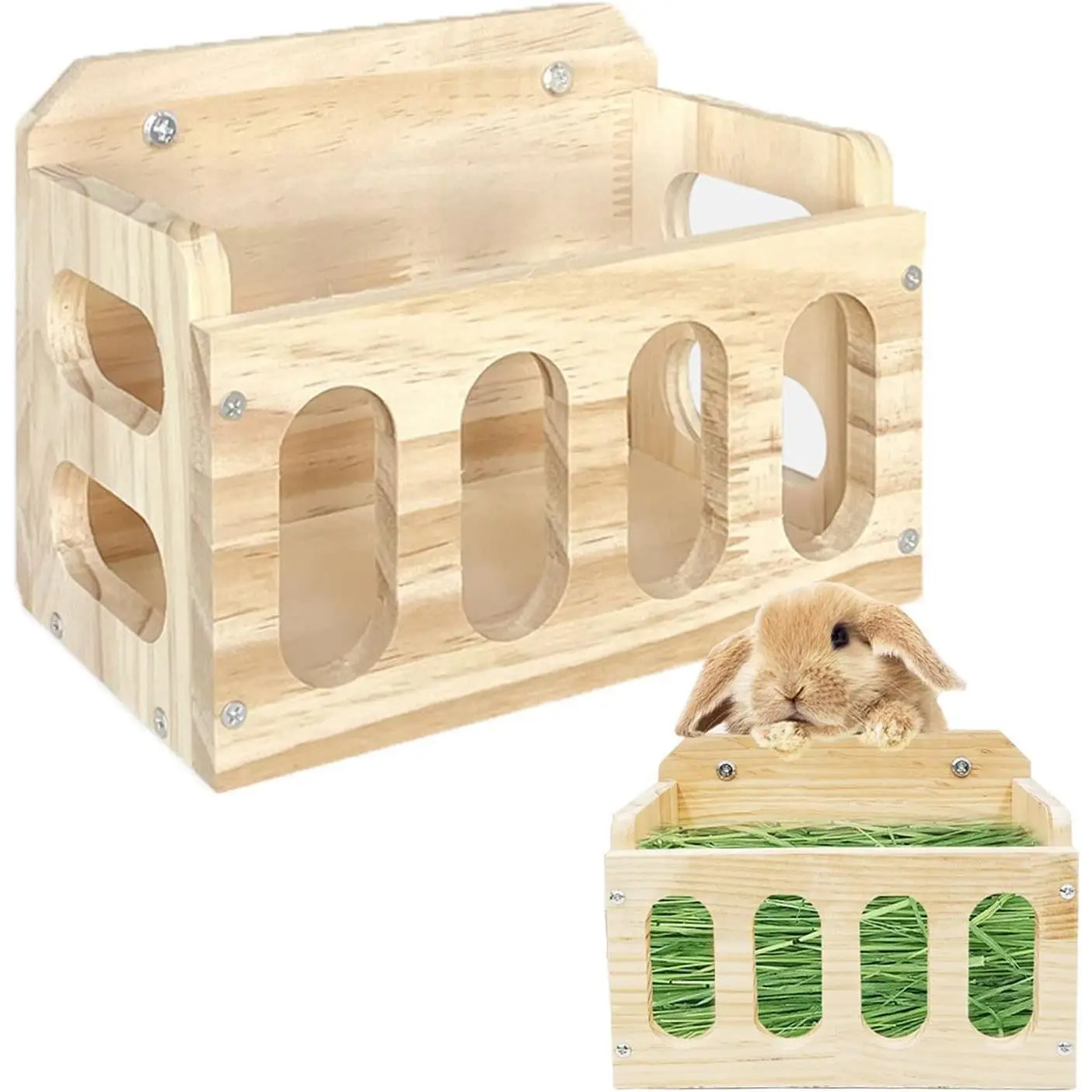 Wooden Hanging Hay Feeder Hay Rack Less Wasted Hay Holder for Rabbit Bunny Chinchillas Guinea Pig Small Animal Supplies
