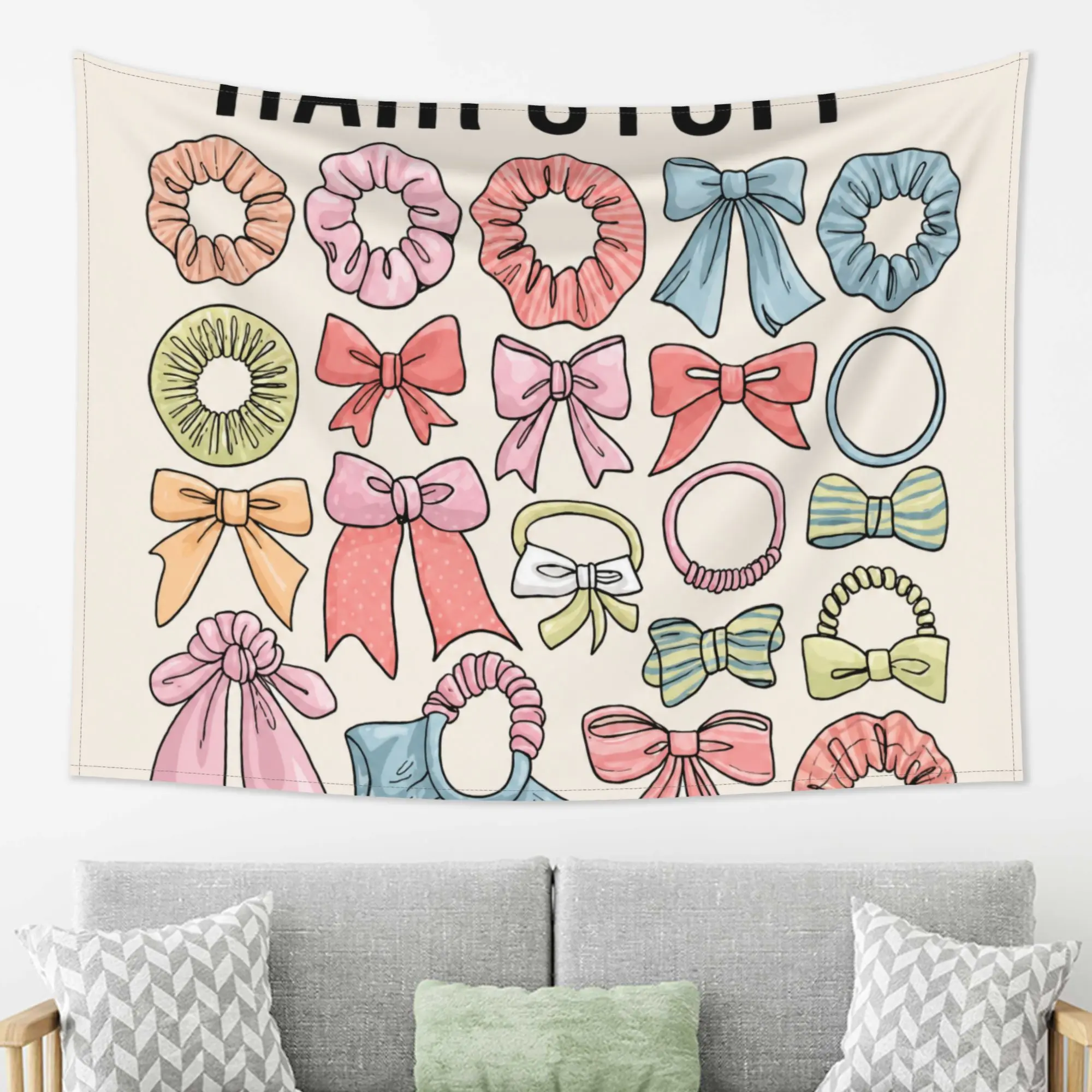 Hair Accessories Wall Tapestry, Cute Pink Bows and Scrunchies Pattern Wall Hanging for Girls Room Decor, Aesthetic Coquette Style Fabric Poster for Bedroom Dorm Living Room Art Background