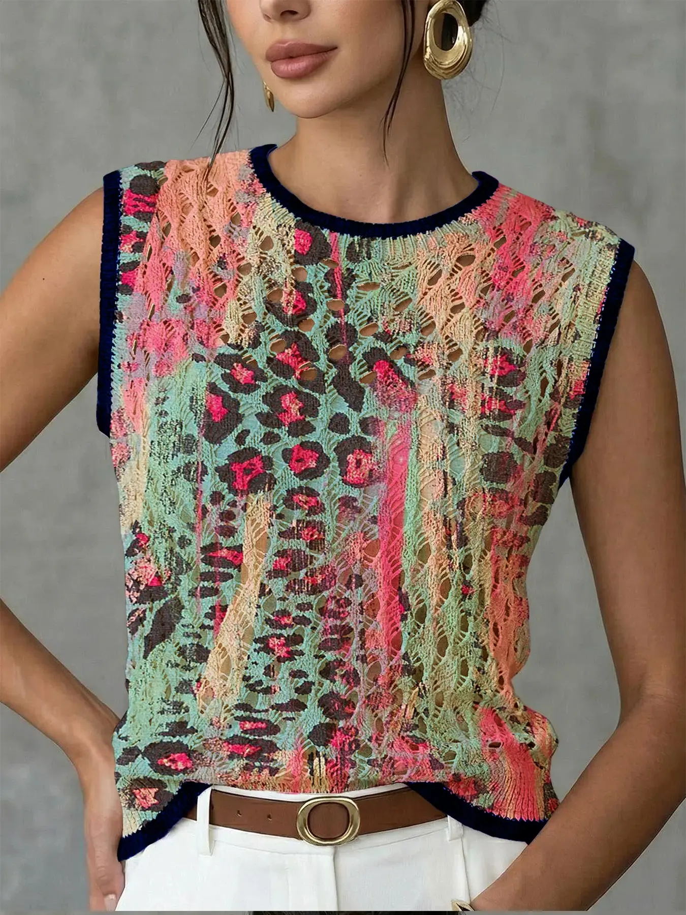 Women's Elegant Leopard Print Round Neck Sweater Vest, Casual Sleeveless Knit Top, Breathable Summer Clothing, Hollow Out Design