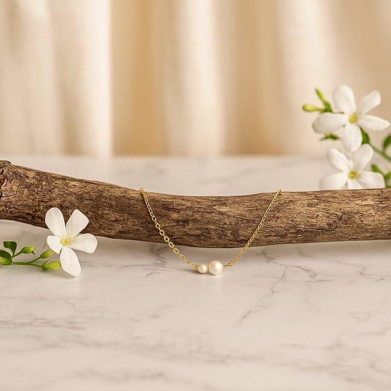 Minimalist Double Pearl Necklace – 14K Gold Plated Dainty Chain Jewelry for Women, Hypoallergenic and Tarnish Resistant, Perfect Elegant Gift for Wedding, Anniversary, or Valentine’s Day Celebration