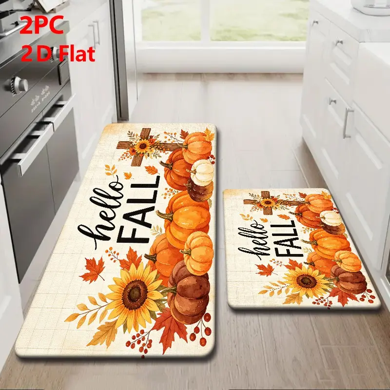 Kitchen Mat Set for floor 2/3 Piece, Pumpkin Sunflower Maple Leaf Cross Kitchen Rug with Decorative, Non Slip Kitchen Rugs and Mats for Kitchen, Entryway, Bathroom, Laundry Room, Hallway