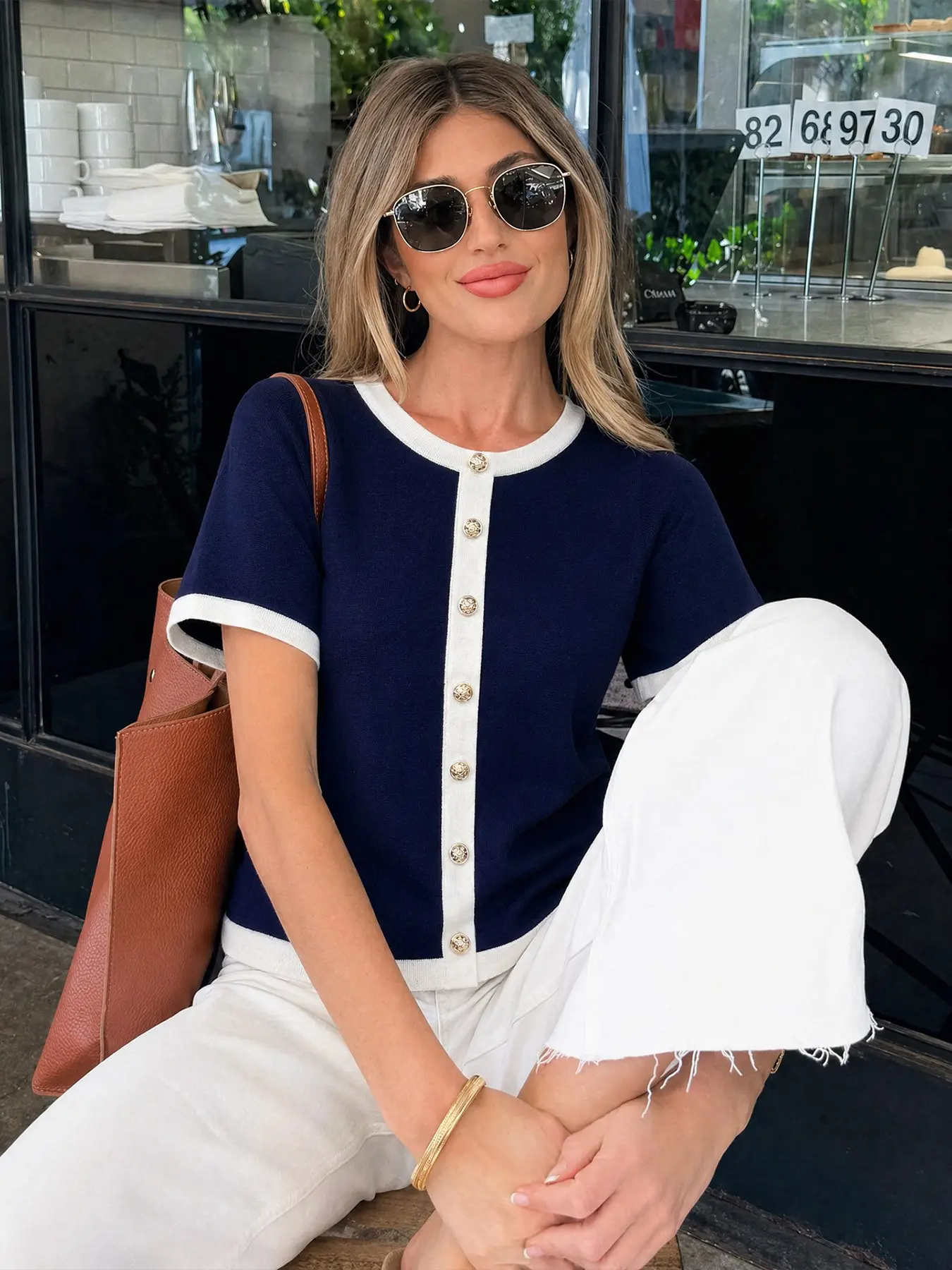 Elegant Women's Spring Summer Fashion Casual Home Office Commute Basic Simple Knit Contrast Edge Fake Button Round Neck Short Sleeve Sweater Top Knit Pullover Sweaters Knit Pullover Tops