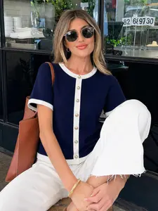 Elegant Women's Spring Summer Fashion Casual Home Office Commute Basic Simple Knit Contrast Edge Fake Button Round Neck Short Sleeve Sweater Top