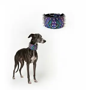 Holographic Crocodile Pattern Spiked Dog  for Medium Large Dogs – Adjustable Heavy Duty Punk Studded  Decorative Photoshoot Prop