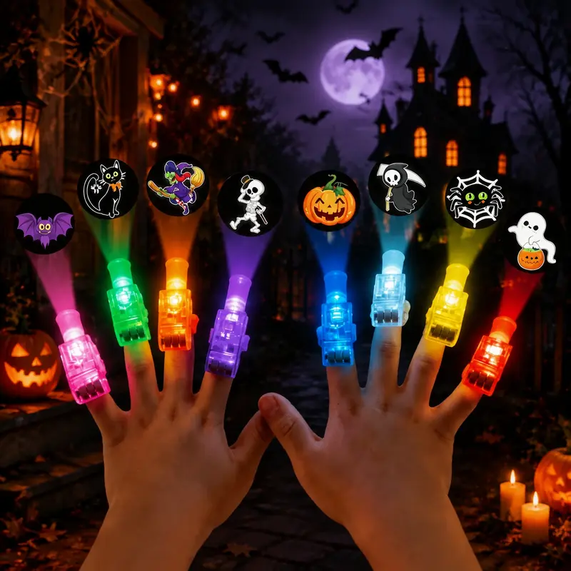 8/16/24/32pcs Halloween LED Projection Finger Lights, Multi-Color Halloween Finger Lights with Pumpkin, Ghost, Witch & Bat Patterns, Party Favor Lights for Trick-or-Treat Bags, Halloween Parties & Night Decorations