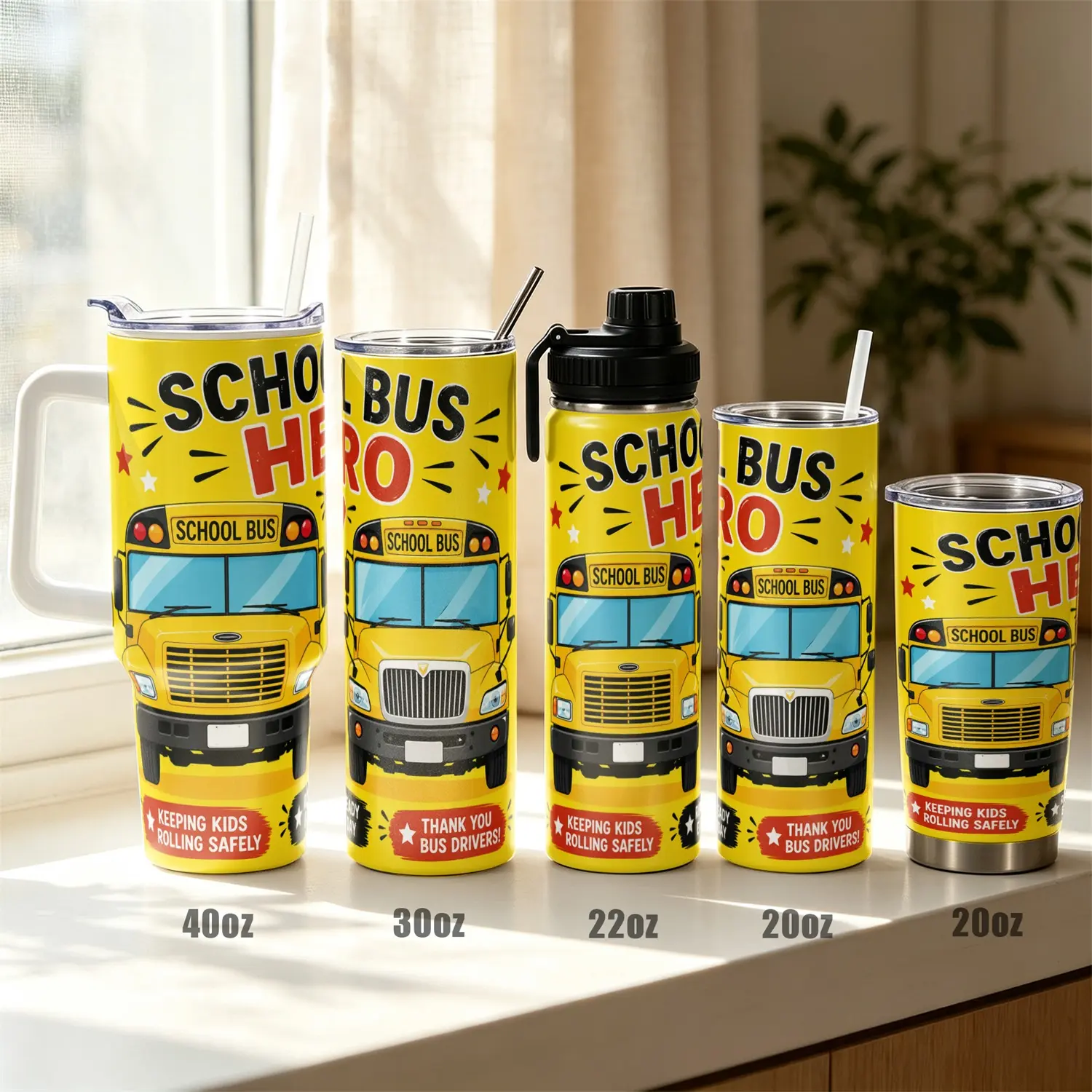 40oz/30oz/22oz/20oz Stainless Steel Tumbler, Drinkware, School Bus Hero UV Print Vacuum Insulated Tumbler with Leak Proof Lid, Double Wall Sweat Proof Travel Cup, Back to School Gift for Bus Drivers, Friends & Family, Keeps Drinks Cold 24h/Hot 12h