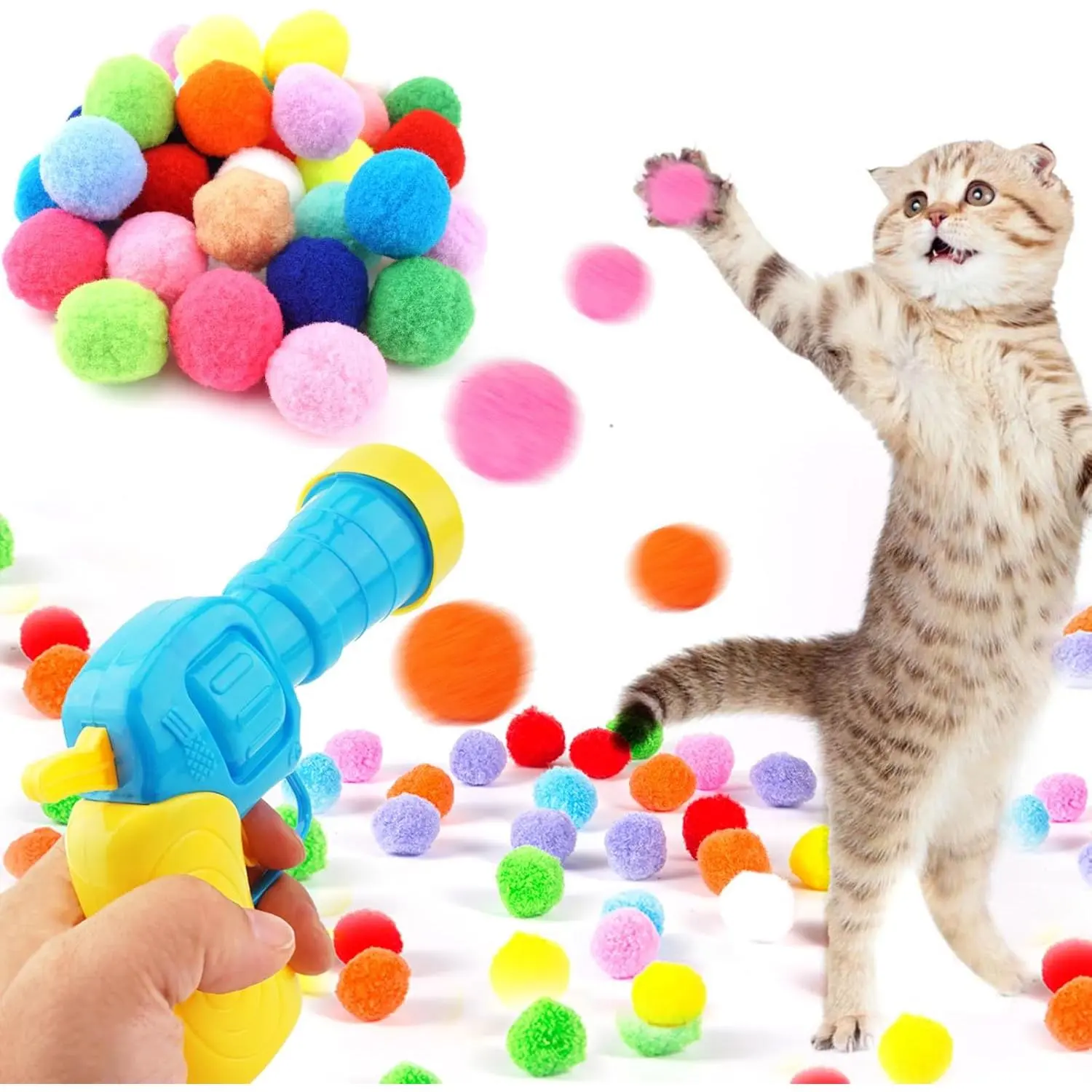 Launcher,  Ball Launcher and 30 count   Balls,  Fetch   Shooter, Kitten Toys for Indoor, Plush Ball Shoot  for Kitty