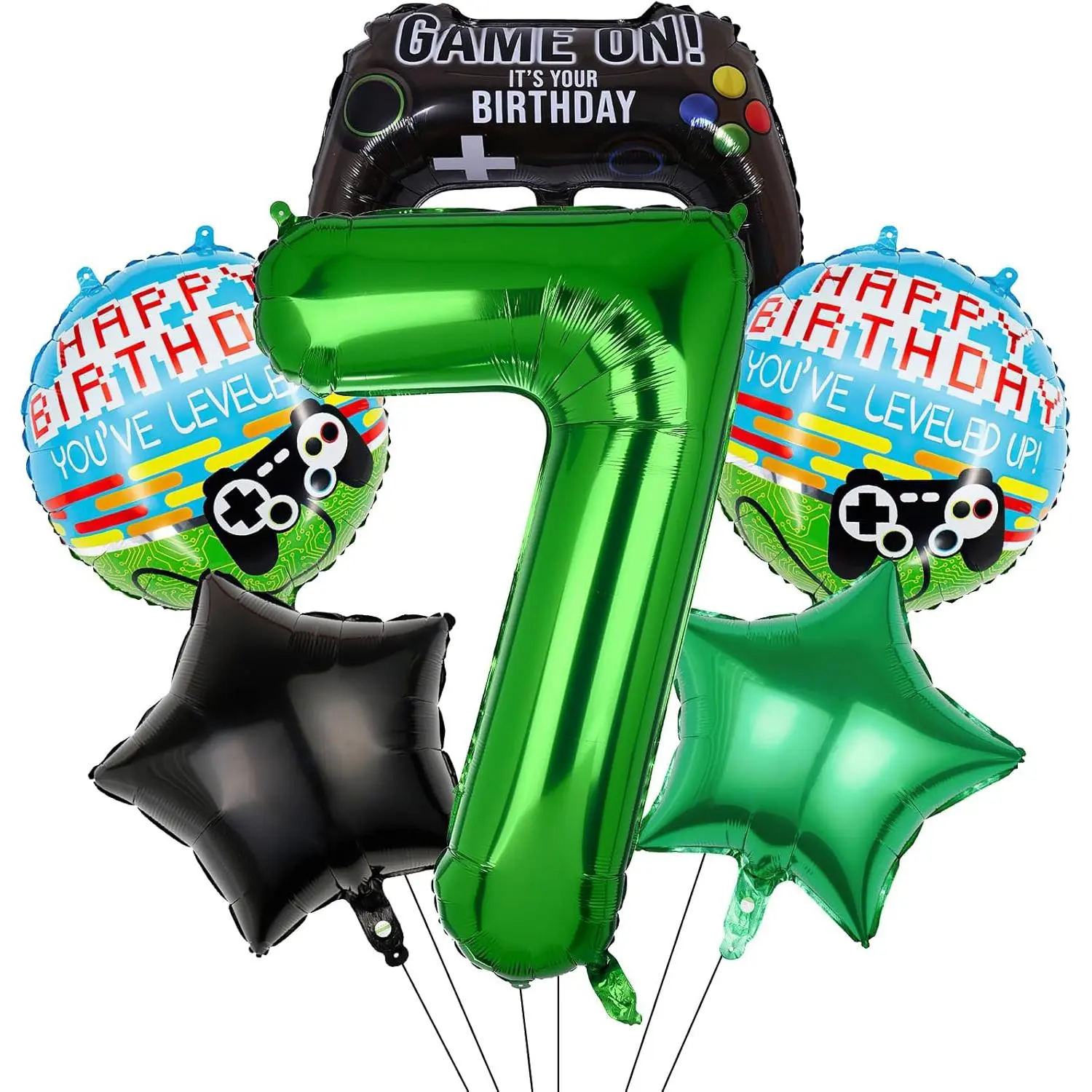 7th Birthday Thick Aluminium Mylar Foil Balloons Set - 6Pcs Round/Star/Transparent Video Balloons with Controller for Birthday Decorations