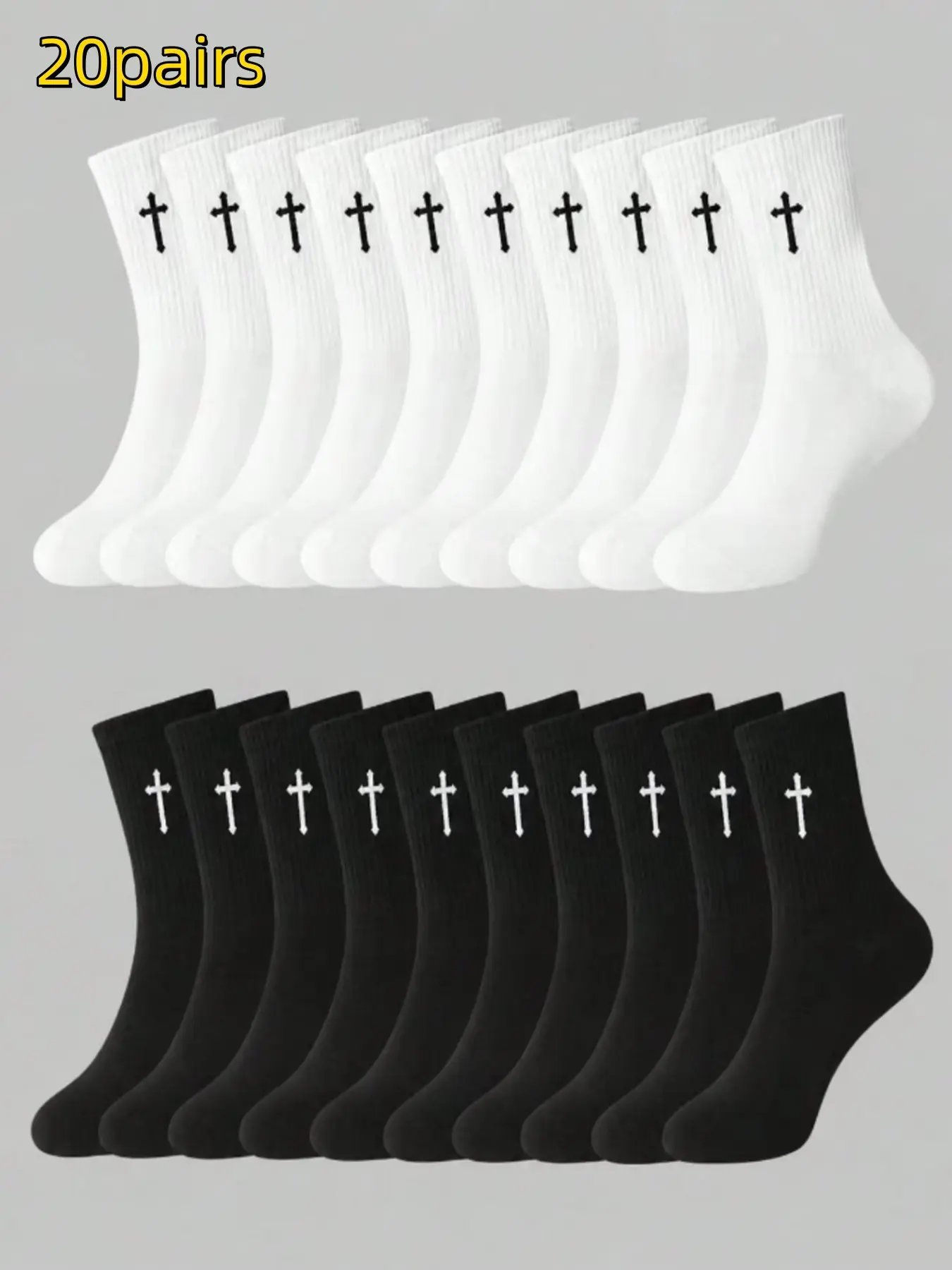 20 Pairs Cross Pattern Crew Socks, Unisex Breathable Mid-Calf Socks for All Seasons, Halloween Casual Wear, Casual Stylish Socks