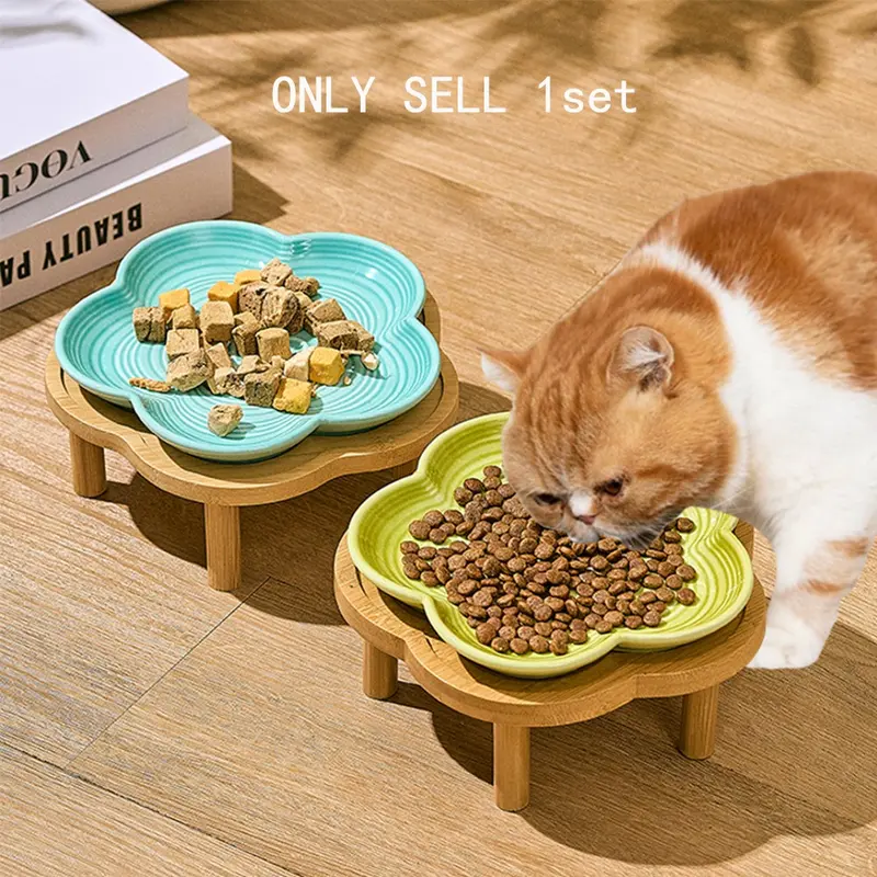 Pet Ceramic with Wooden Rack, 1 Set Easy To Clean Cat and Dog Food Plate, Durable and Stylish Design Feeding Supplies, Animal Feeding Supply