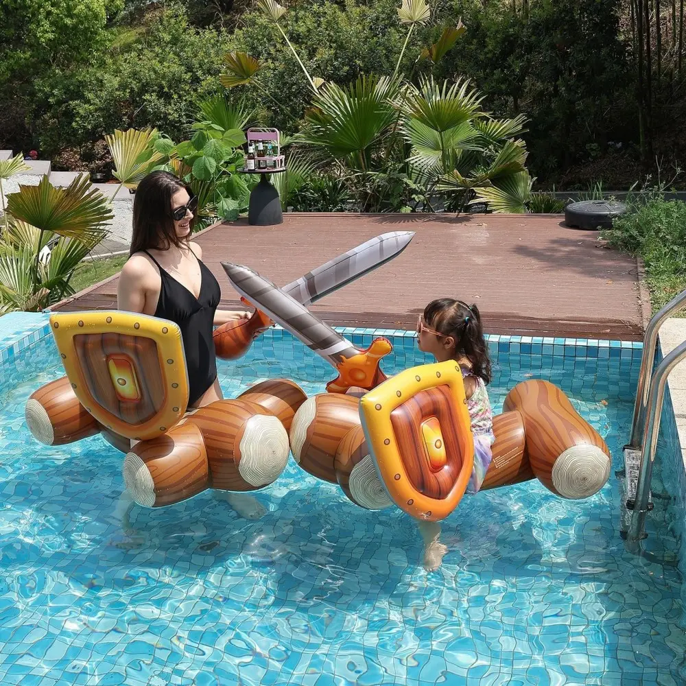 Wood Print Inflatable Float Raft Set With Inflatable Sword And Shield, Thick PVC Water Play Float Raft For Parent Child Interactive Battle Game Summer Beach Pool Floaties Party