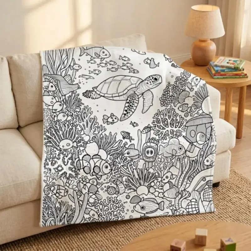 Single-Sided Print Sea Animals Ocean Line Art Plush Flannel Blanket - Adult DIY Coloring Throw, Ultra Soft Fade-Resistance, Coastal Room Decor for Ocean Vibes, Ideal Holiday Birthday Gift