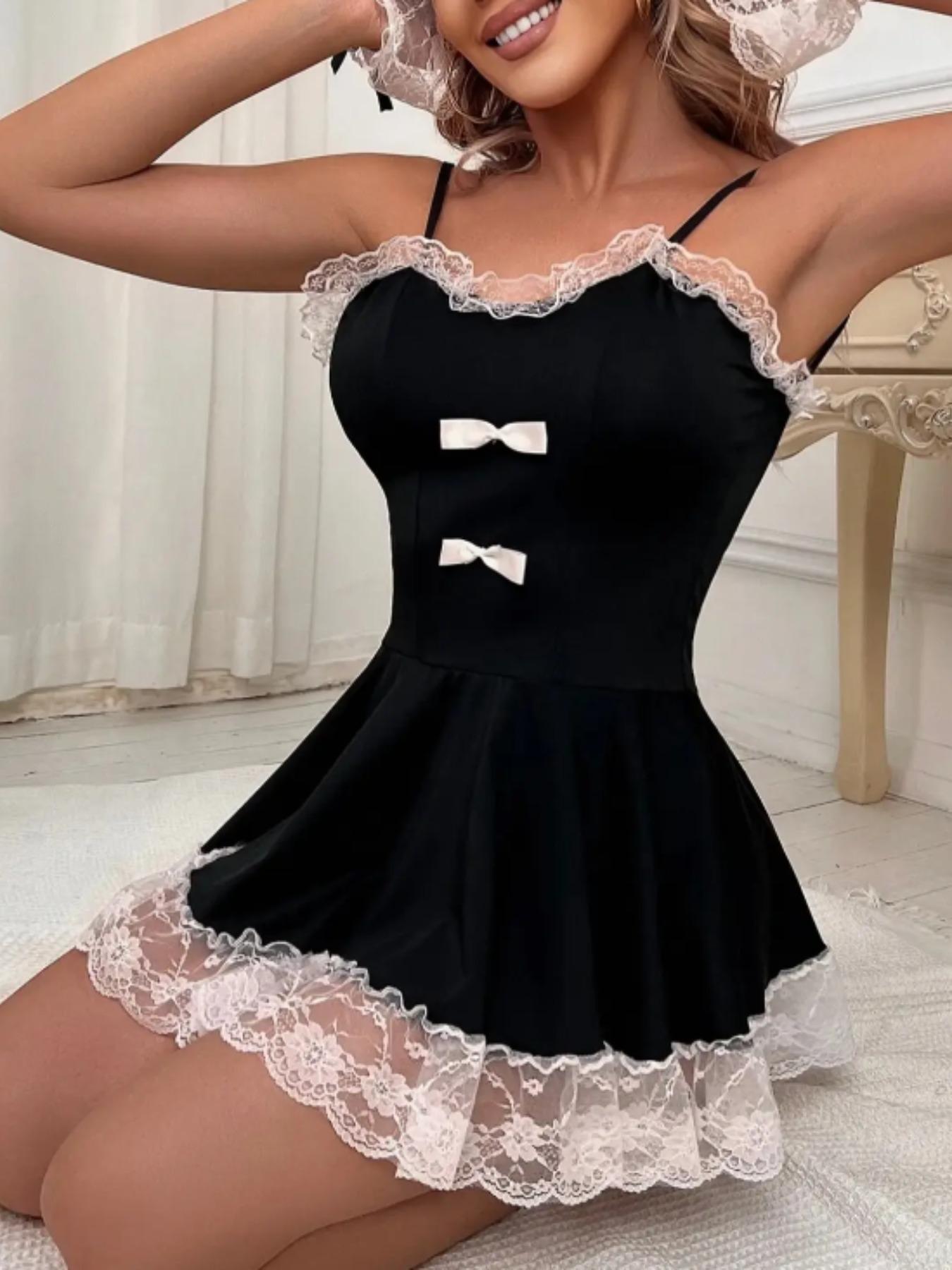 Women's Contrast Lace Bow Decor Backless Cami Dress With Wristbands, Elegant Fashion A-line Nightdress, Women's Nightgown