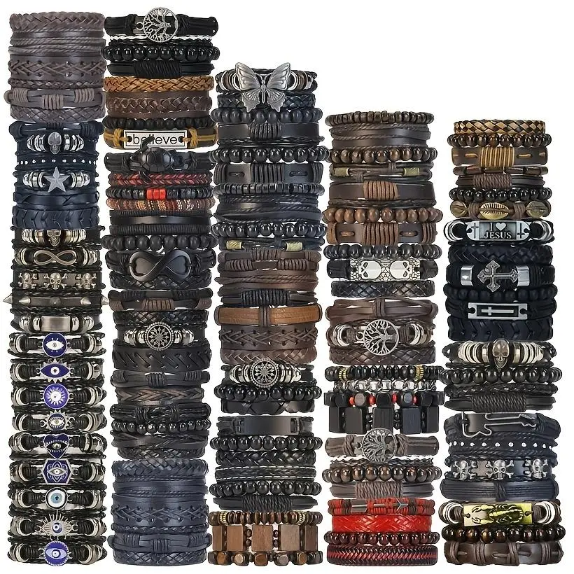 12/18/26Pcs Faux Leather Bracelet Matching Sets - Cute Punk Vintage Punk Style Bracelets & Bangles, Handmade All-Seasons Fashion Accessories for Teenagers, Ideal for Outdoor Matching & Gifting