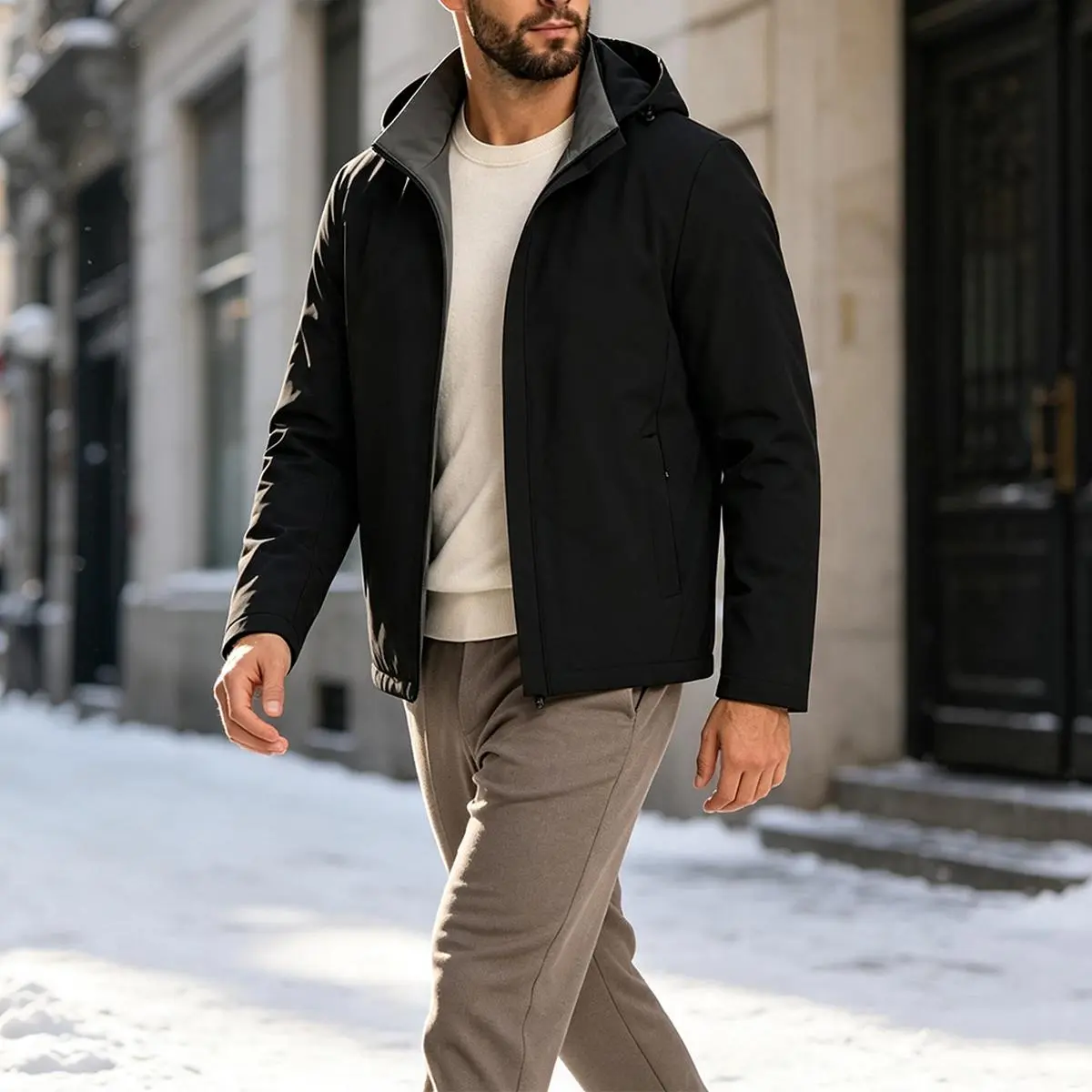 Men's Grey Hooded Windbreaker Jacket, Lightweight Full Zip Up Water Resistant Windproof Outerwear Coat with Adjustable Drawstring Hood and Side Zipper Pockets for Casual Outdoor Commute Travel Hiking Camping Fall Spring Daily Wear, Polyester