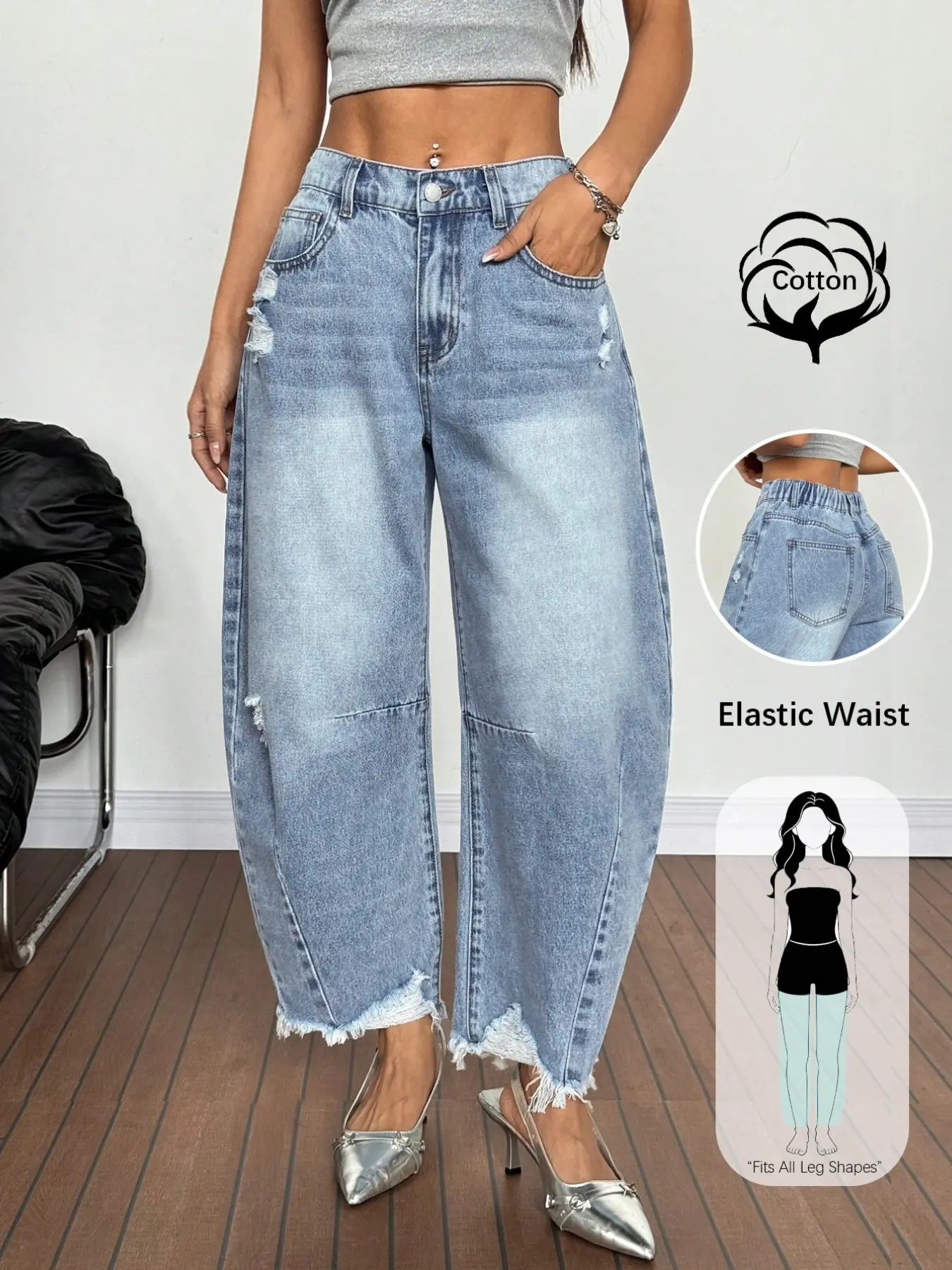 Women's High-Waisted Washed Ripped Jeans, Wide Leg Ankle-Length Pants, Elastic Waist Pockets, Slimming Pear Shape Jeans