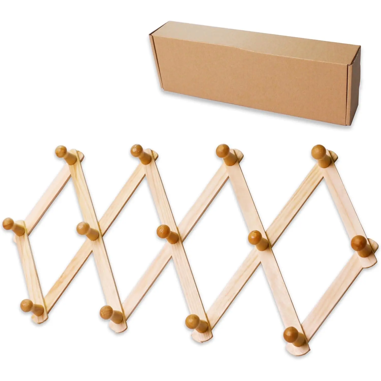Classic 13-Wooden-Peg Accordion Wall Hanger, Durable Synthetic Door-Mounted Hanging Organizer Hooks & Rails with Installation Kit, Max 45" for Kitchen, Garage, Caps, Mugs, Belts