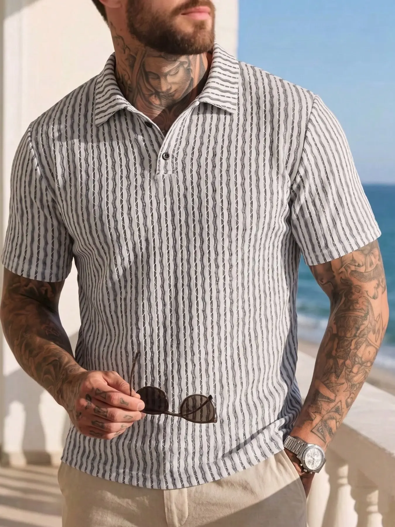 Men's Polo Shirt Summer Business Casual Striped Jacquard Short Sleeve Polo, Vintage Knit Short Sleeve T-Shirt, Men's Fashion Top