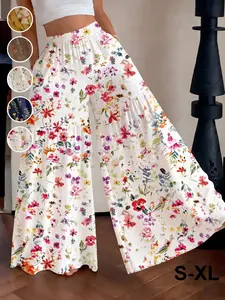 Women's French Countryside Floral Print Wide-Leg Pants, High-Waisted Elastic Waist Slimming Beach Vacation Long Pants, Summer Resort Style