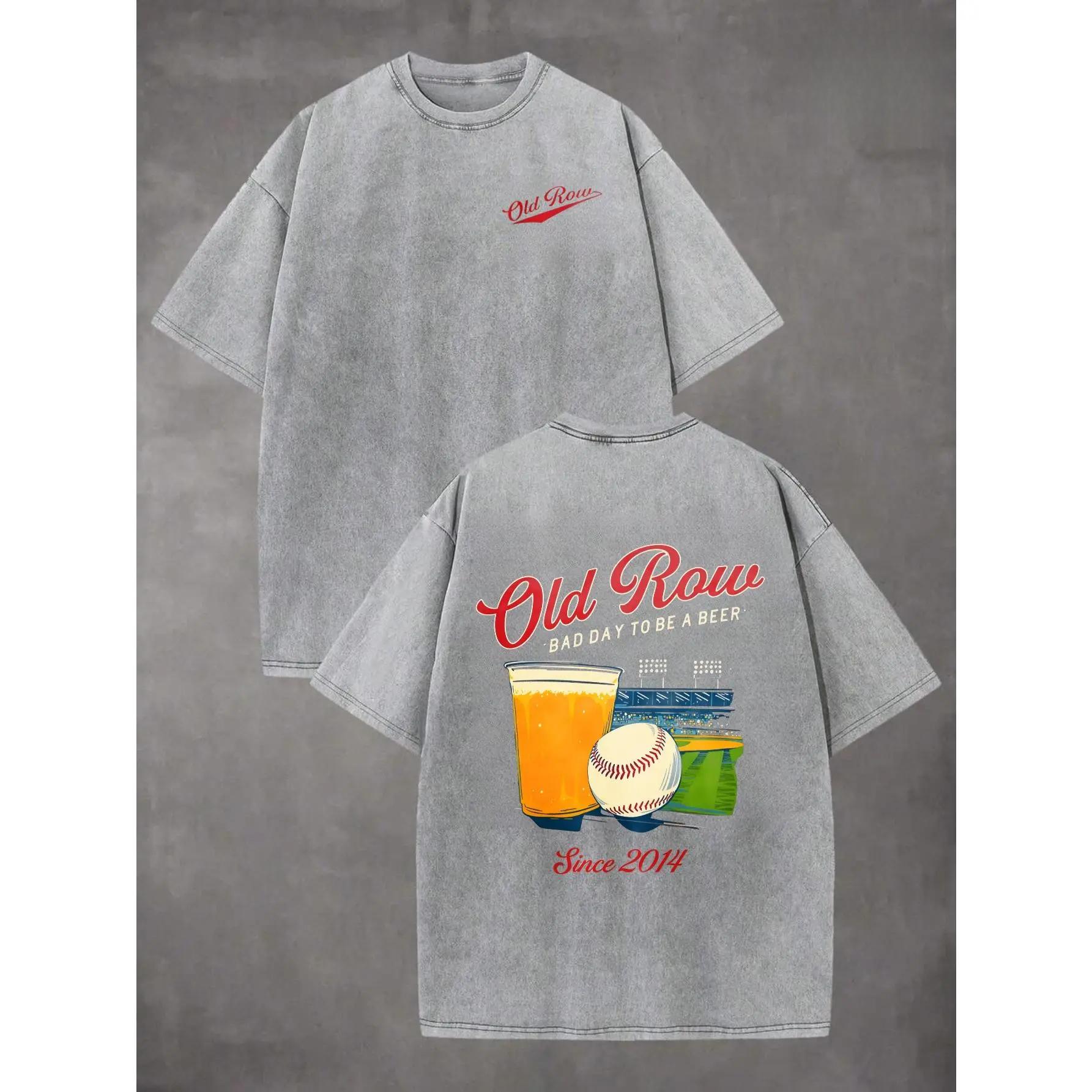 OLD ROW baseball beer sports pattern printed washed cotton T-shirt, classic retro fashion casual, it's unbearable without beer, men's high-quality printed washed cotton retro fashion spring-summer top