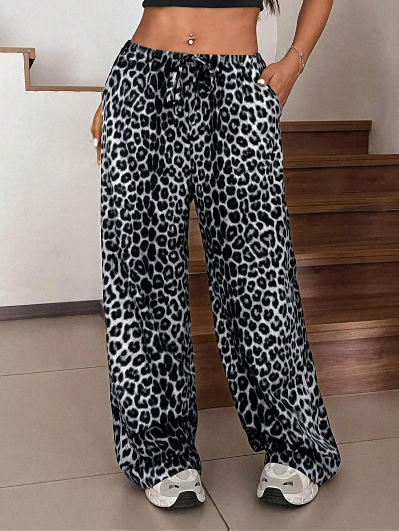 【Plus Size】 Leopard Print Wide Leg Pants, Casual Comfy Trousers for Daily Wear, Women's Bottoms for All Seasons, Casual Fashion Pants