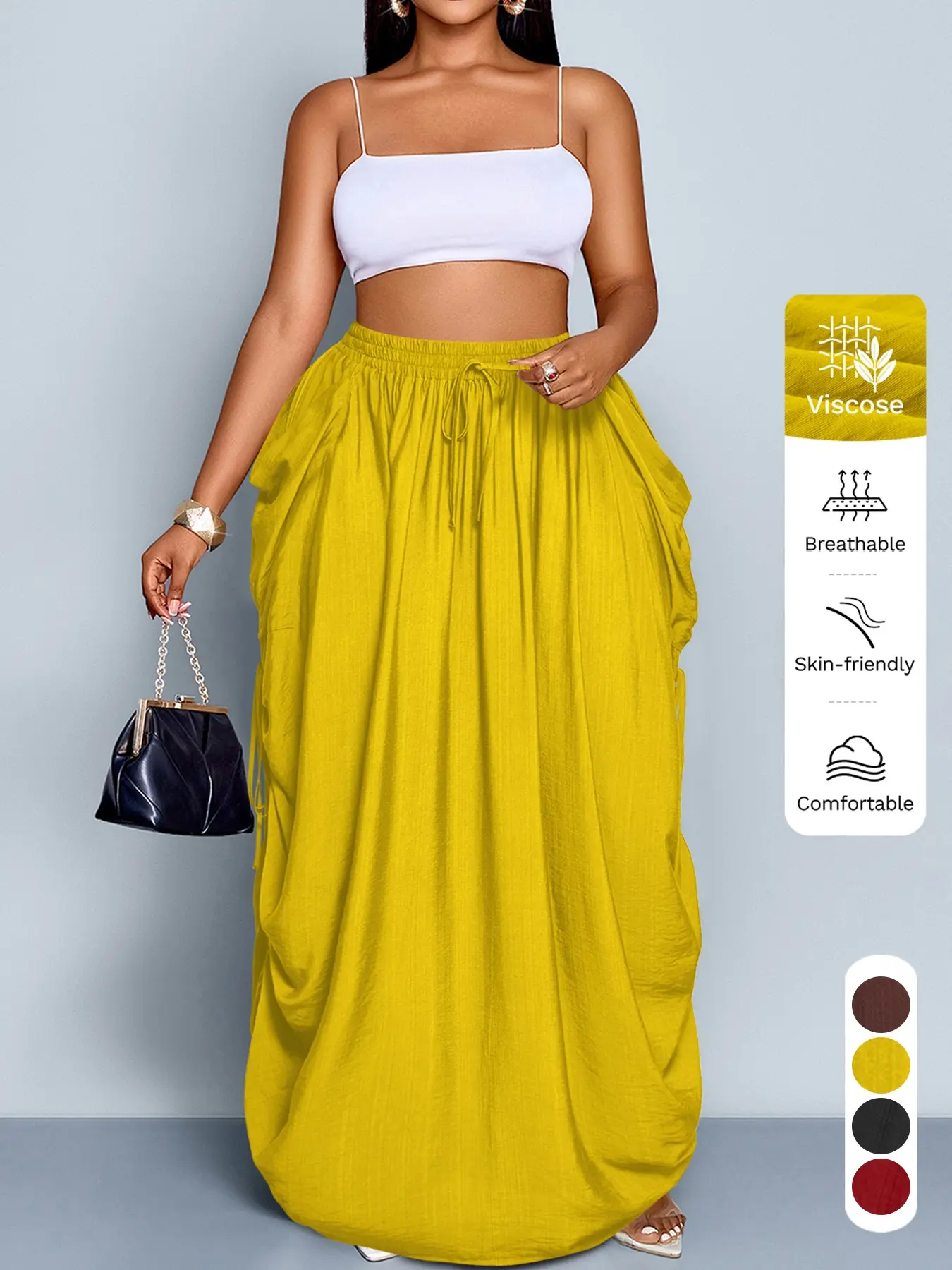 Plus Size Long Casual Skirt with High Waist and Drawstring for All Seasons, Flowy Loose-Fitting Elegant Daily Skirt with Side Pockets and Side Tie