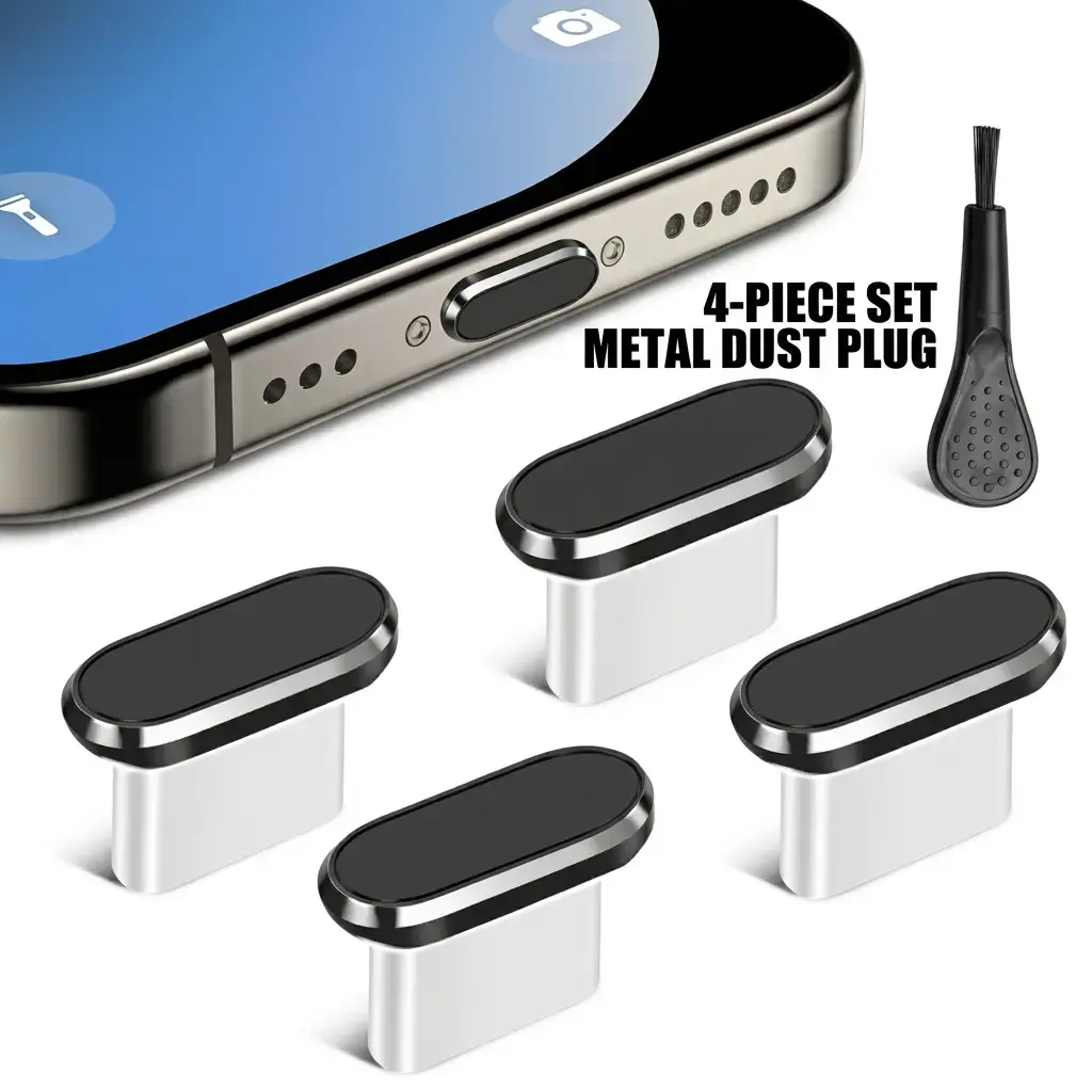 4 Piece Set Protective USB C Dust Plug & Cleaning Brush for Smartphone, Metal Material C Type Charging Port Protector Cover, Anti-Dust USB-C Plug Cover Cap, Protection Cap, Mobile Care