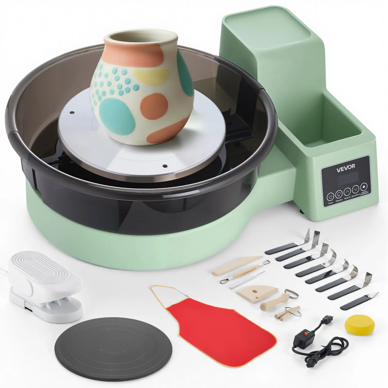 VEVOR Tabletop Pottery Wheel for Adults, 14" & 11" Turntables, 450W Electric Pottery Wheel with Foot Pedal, 30-300 RPM Adjustable Speed, Detachable PP Plastic Basin, for Beginners Clay Crafting, Green