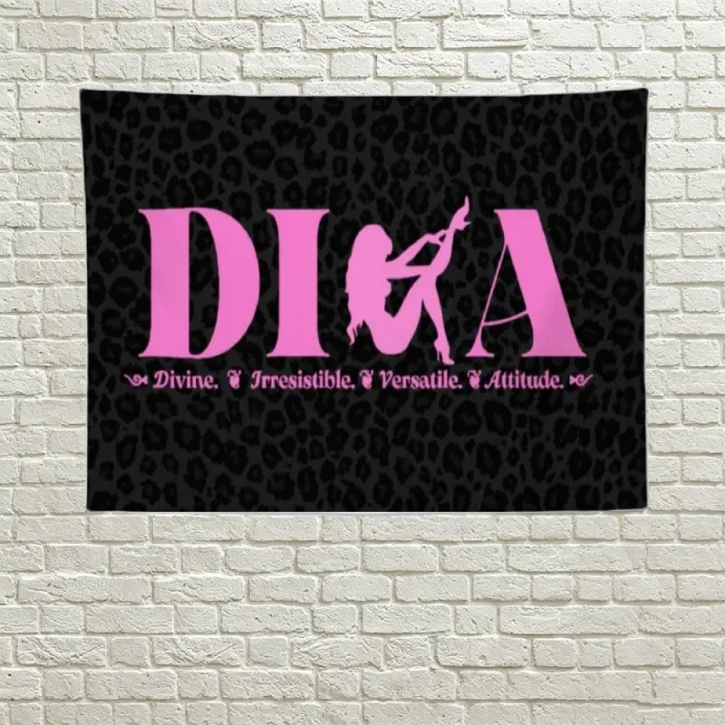 Diva Typography Tapestry Black Leopard Cheetah Animal Print Background Hot Pink Letters Silhouette Wall Hanging Retro Baddie Girls Bedroom Decoration Dorm Banner Decorative Tapestry