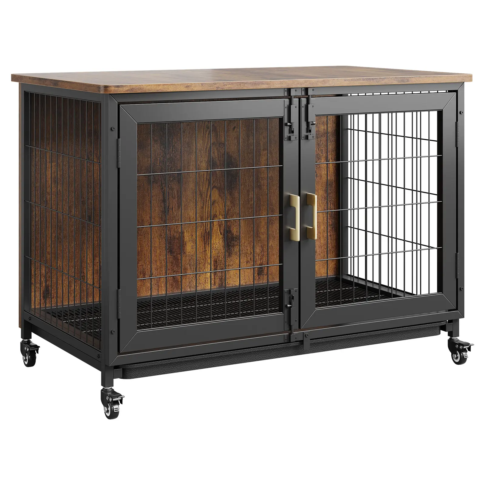Large Dog Crate Furniture with 2 Metal Doors & Wheels, Wooden Dog Crate Indoor Dog Kennel Furniture with Grid Base & Removable Base, for Small Medium Large Dogs