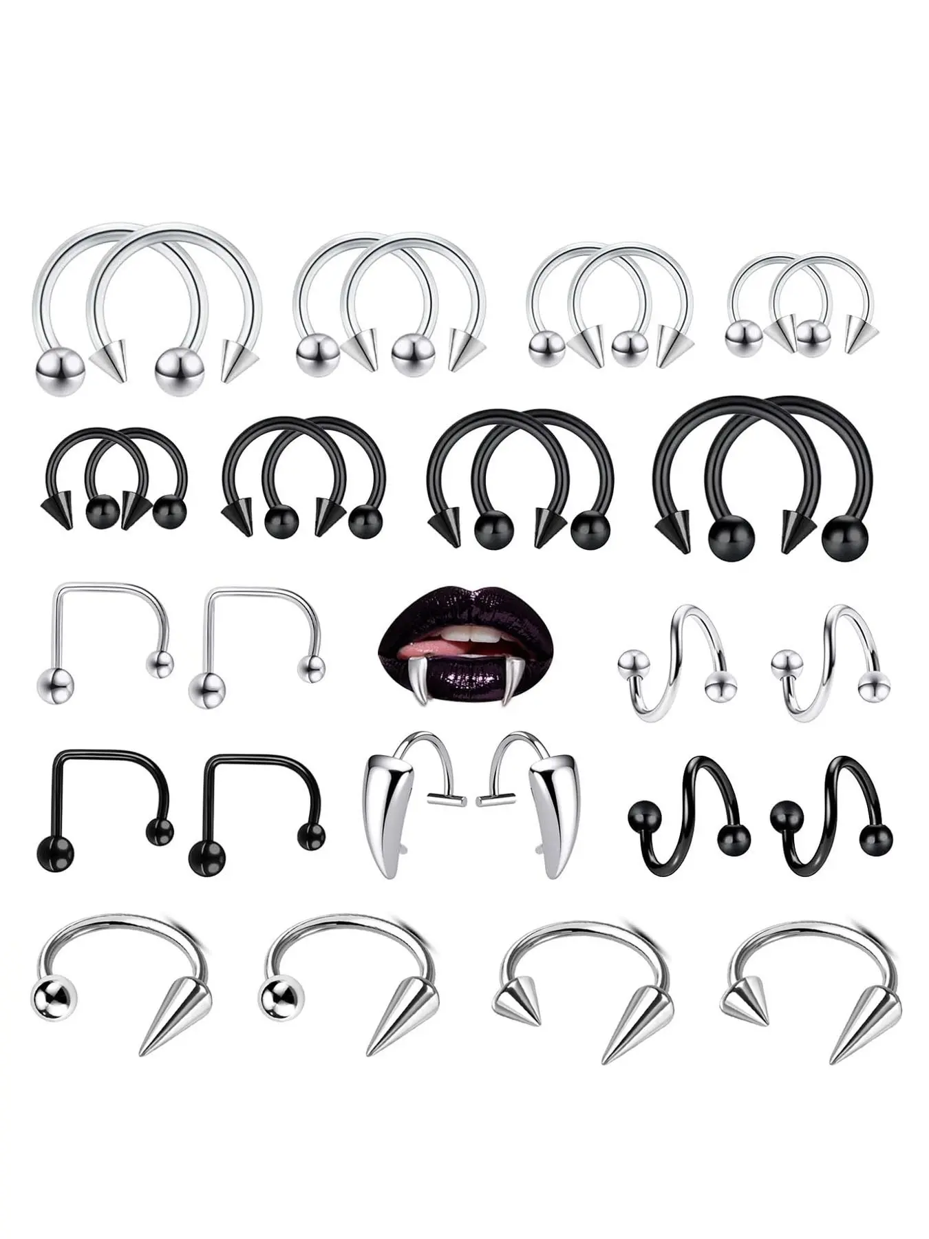 30 Pcs Hypoallergenic Stainless Steel Lip Rings, Snake Bite Style Piercing Jewelry, 16G Horseshoe Nose Ring Septum Ring, Helix Earring Daith Tragus Cartilage Studs Piercing Jewelry for Women Men